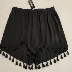 Boo Hoo Womens High Waisted Black Sheer Tassel Edged Shorts Size 10 NWT